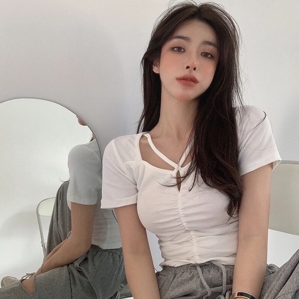 Áo ZHELIHANGFEI dệt kim ngắn tay cổ vuông xinh xắn thời trang