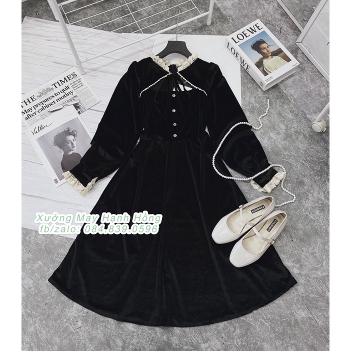 Váy nhung đen cổ tàu phối ren buộc dây Vintage - Xưởng May Hạnh Hồng | BigBuy360 - bigbuy360.vn