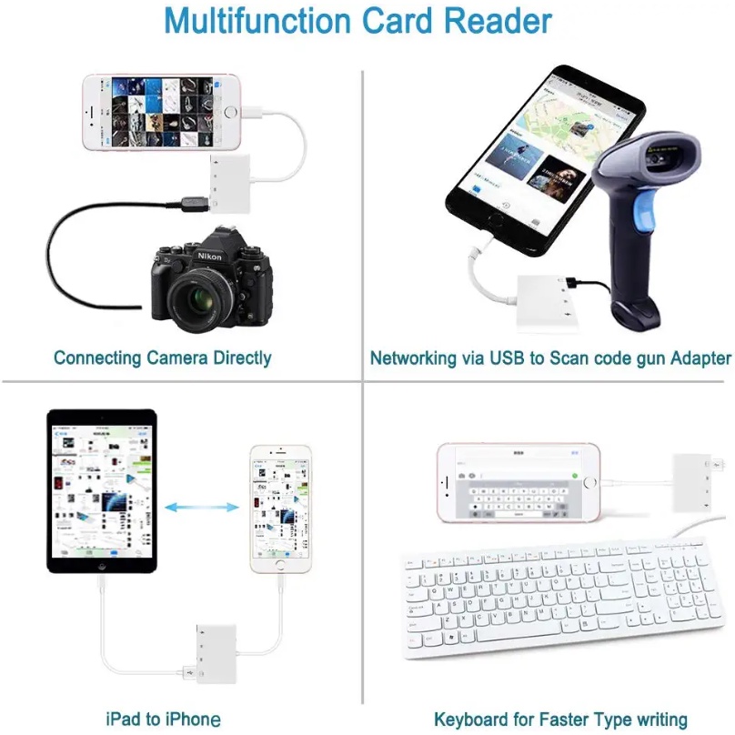 Đầu Đọc Thẻ Nhớ SD TF Cho Điện Thoại / i Pad, 4 Trong 1 USB OTG Kèm Đầu Đọc Thẻ SD TF Và Sạc Hỗ Trợ Ios 14