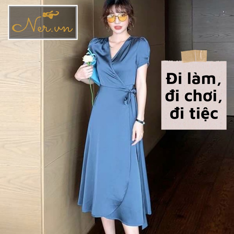 Đầm Xòe Dự Tiệc, Cổ Chéo chữ V, chất Lụa cao cấp, Dáng dài, hàng đẹp cao cấp 2021 tại xưởng may NER- N111