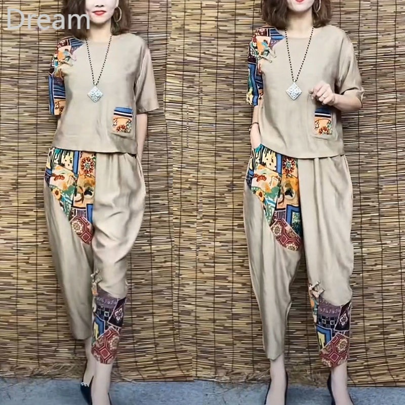 Short sleeve T-shirt jacket + casual Harlan pants large size women's cotton and linen two-piece suit