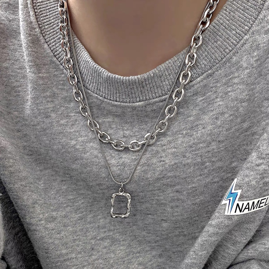 Dây chuyền nam nữ  2 tầng mặt vuông gợn sóng Vòng cổ unisex