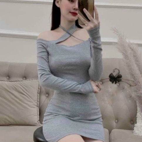 Đầm body bệt vai phối dây chéo cổ siêu hót chất vải thun Borip FreeSize