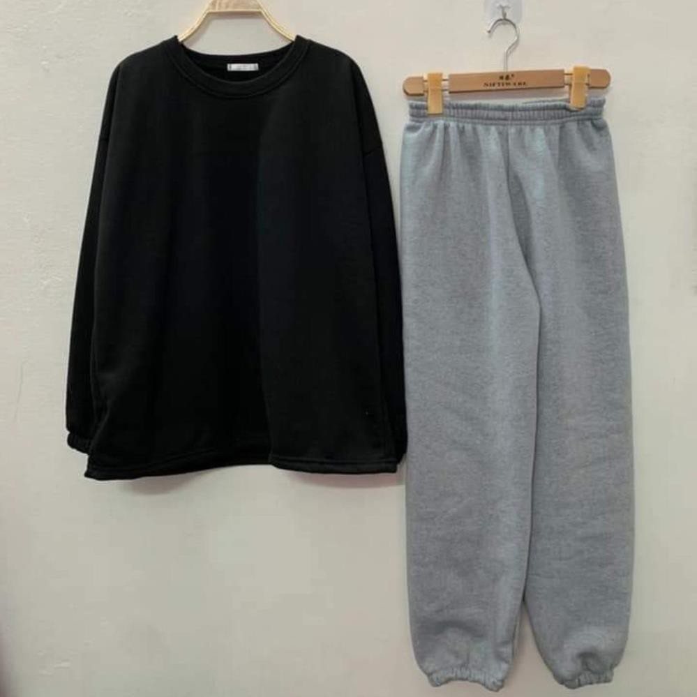 Set Nỉ Bông Ngoại Basic Nữ :cherry_blossom: Bộ quần jogger bo ống xám áo hoodie trơn đen tay bồng rút dây unisex ULLZANG