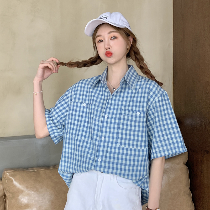 SUXI Áo sơ mi ca rô ngắn tay phong cách thời trang dành cho nữ