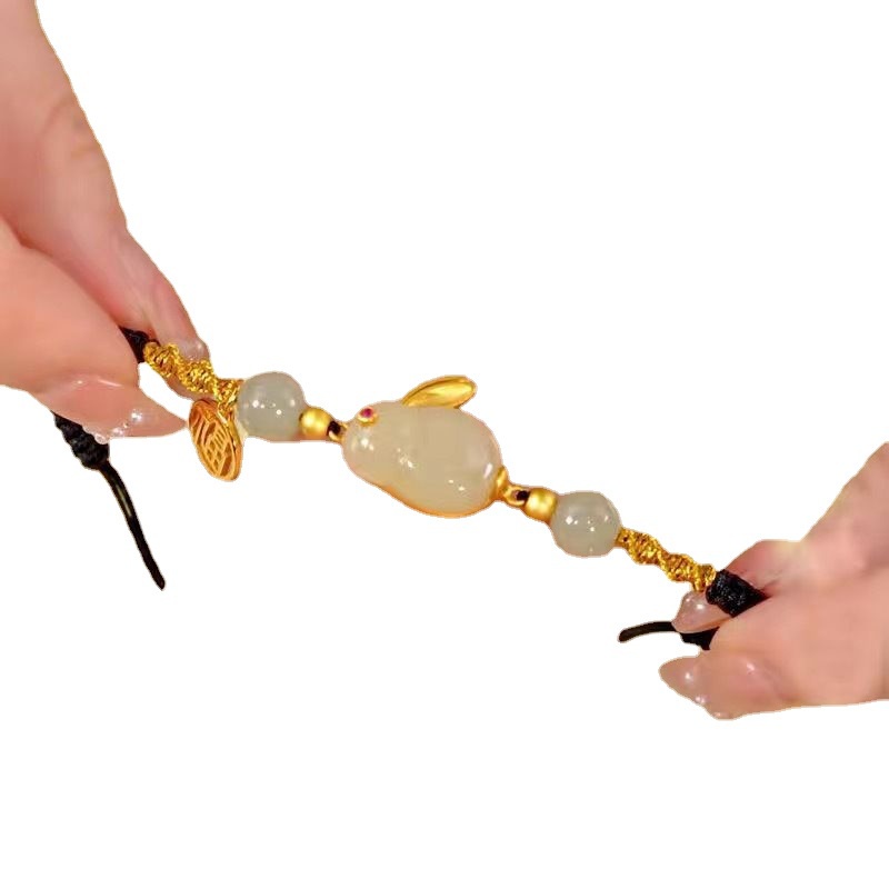 Vòng Tay Bện Dây Đính Hạt Ngọc Bích Hetian Mặt Thỏ Màu Vàng Sang Trọng