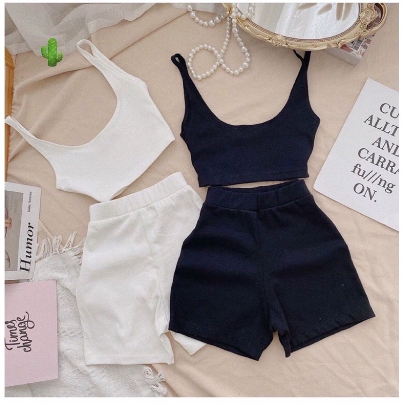 Set bộ áo dây cổ U sexy và quần đùi lưng cao tôn dáng cực đỉnh , 2 màu đen trắng