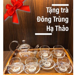 Bộ ấm pha trà hoa thuỷ tinh quai vồng 600ml 6 tách có đĩa lót