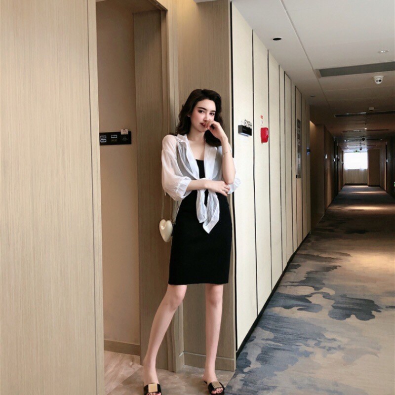 Áo sơmi mỏng dang ngắn choàng ngoài váy hai dây[CÓ SẴN Kèm ảnh thật]