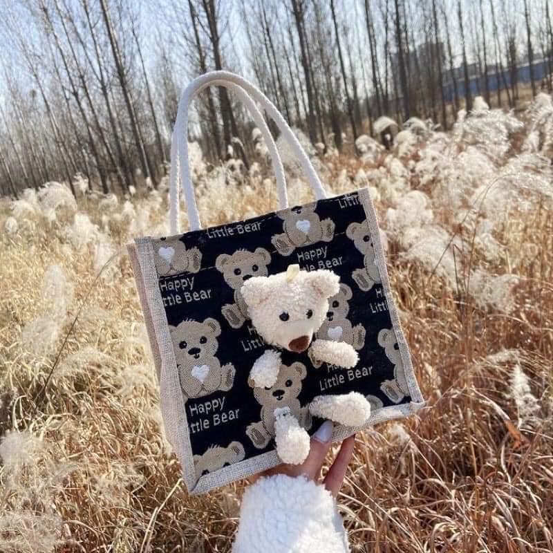 Túi cói kèm gấu bông teddy mini size 21 siêu xinh-giadungsieure