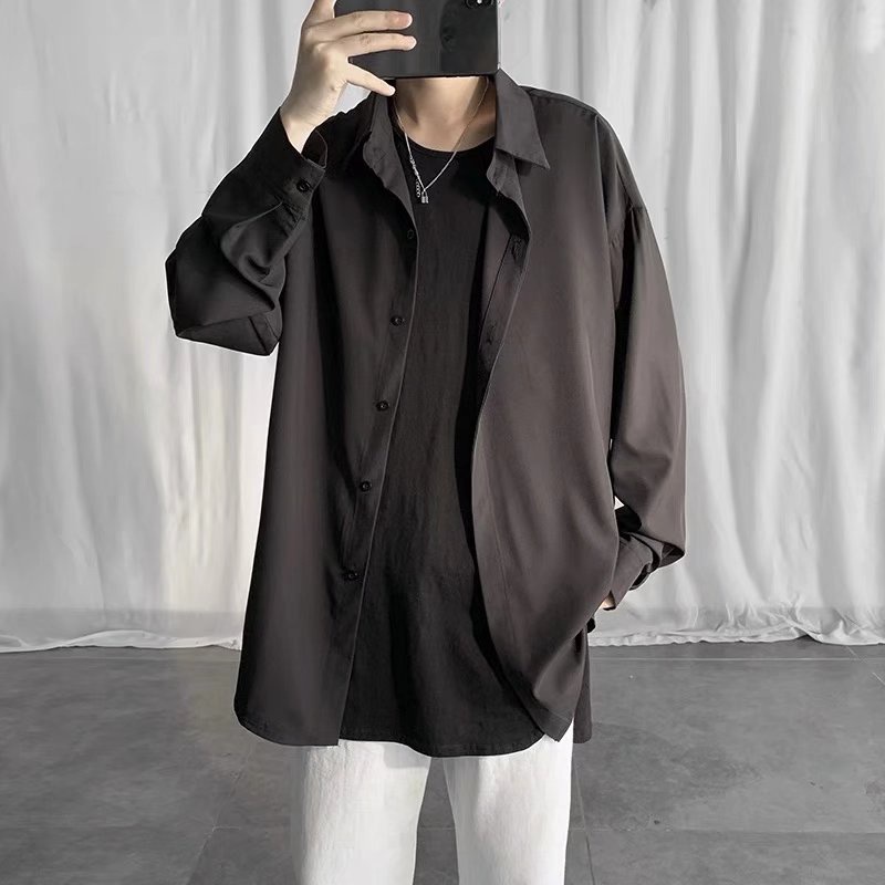 Áo Sơ Mi Lụa Mỏng Tay Dài Màu Trơn Dáng Rộng Thời Trang Xuân Hè Cho Nam Giới Size S-2XL