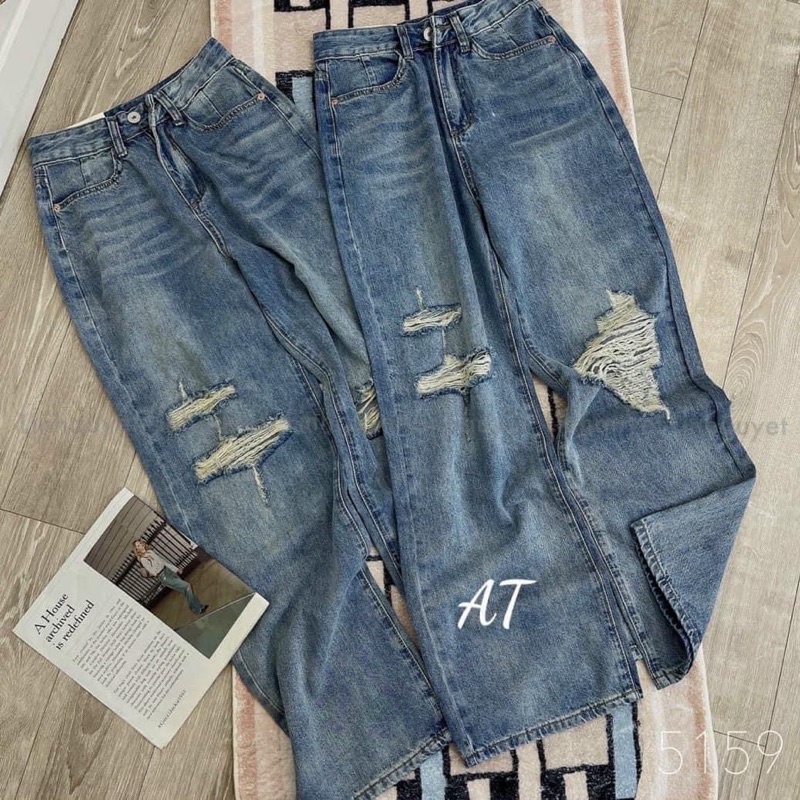 Quần Jeans ống rộng Quần bò nữ dáng suông rách lưng cao ulzzang M667B110