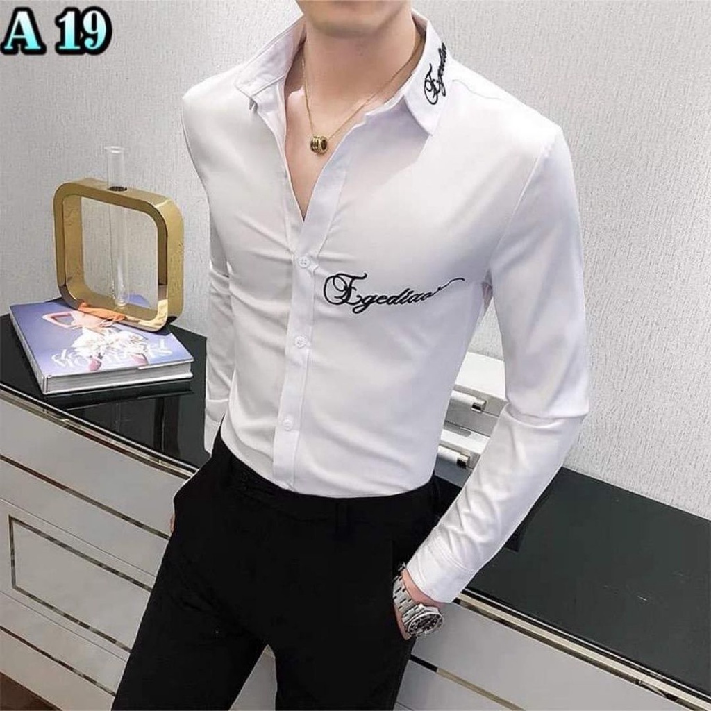 Áo Sơ Mi Nam Thêu Chữ Họa Tiết,Cổ + Ngực, Fom Slimfit Ôm Body ,Vải Lụa Trơn Chống Nhăn Cao Cấp