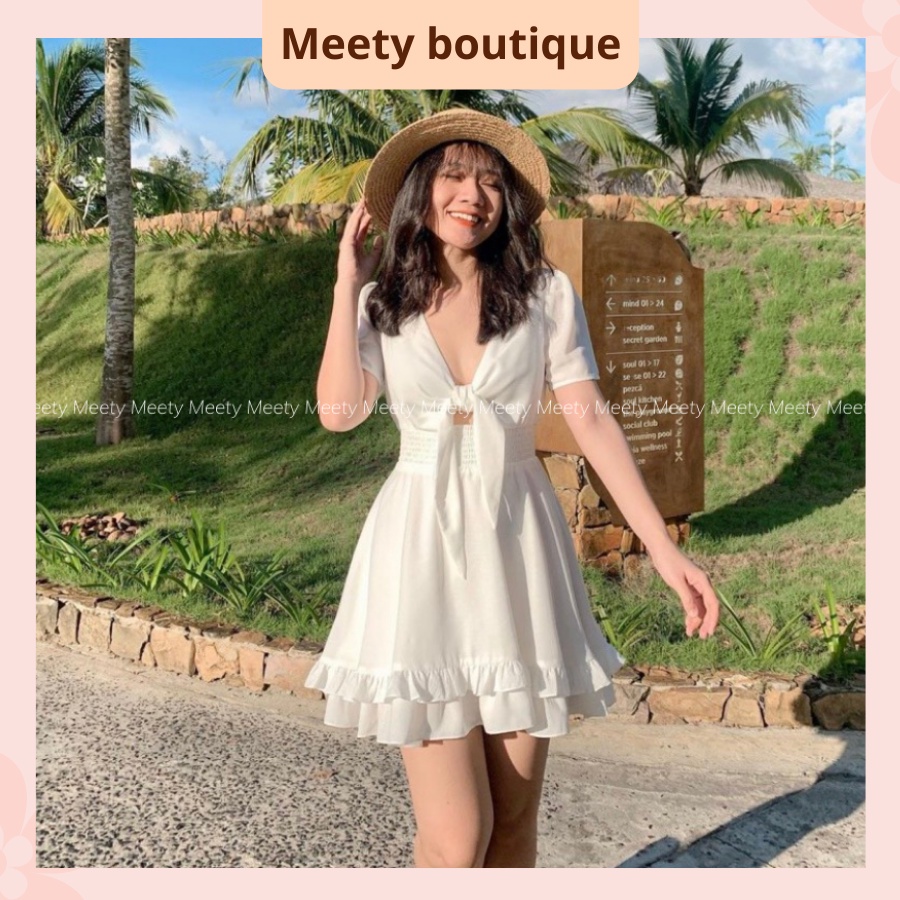 Váy Trắng, Đầm Babydoll Thắt Nơ Ngực Ngắn Tay Dáng Xòe Công Chúa Vải Đũi Trơn Mềm Mịn MV7 - Meety