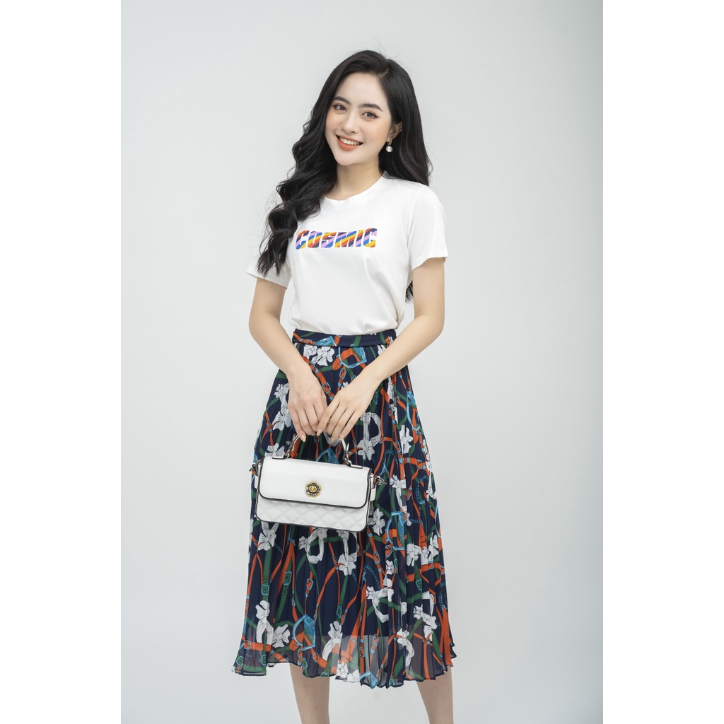 Áo cotton nữ dáng suông ngắn tay in chữ Fiona F522158