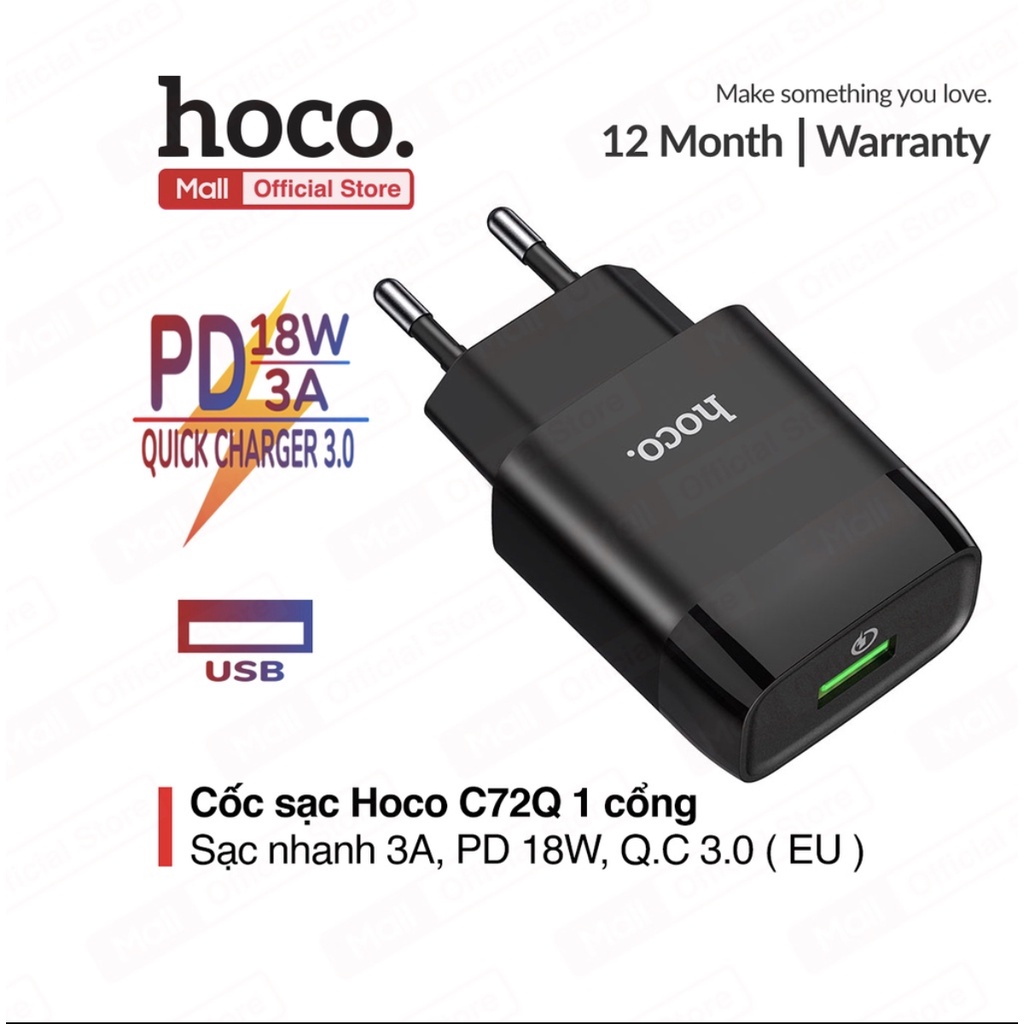 Củ sạc nhanh Hoco C72Q 1 cổng USB sạc nhanh 3A, PD 18W, hỗ trợ sạc cho với nhiều thiết bị điện thoại, table... ( EU )