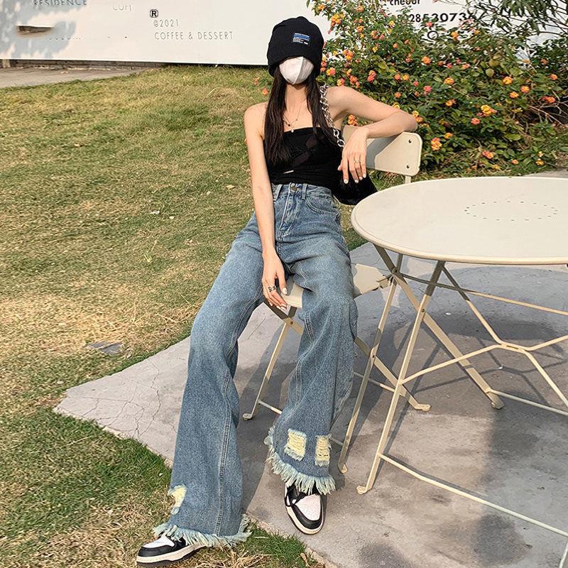 Quần Jean Nữ Ống Rộng Lưng Cao Phối Tua Rua Phong Cách Đường Phố Mẫu Mới 2022