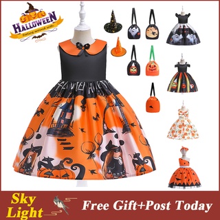 Bộ 3 đầm hóa trang phù thủy bí ngô kèm nón cho bé gái dịp halloween