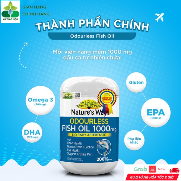 Viên Uống Dầu Cá Nature’s Way Odourless Fish Oil Phát Triển Trí Não Thị Lực Cho Bé