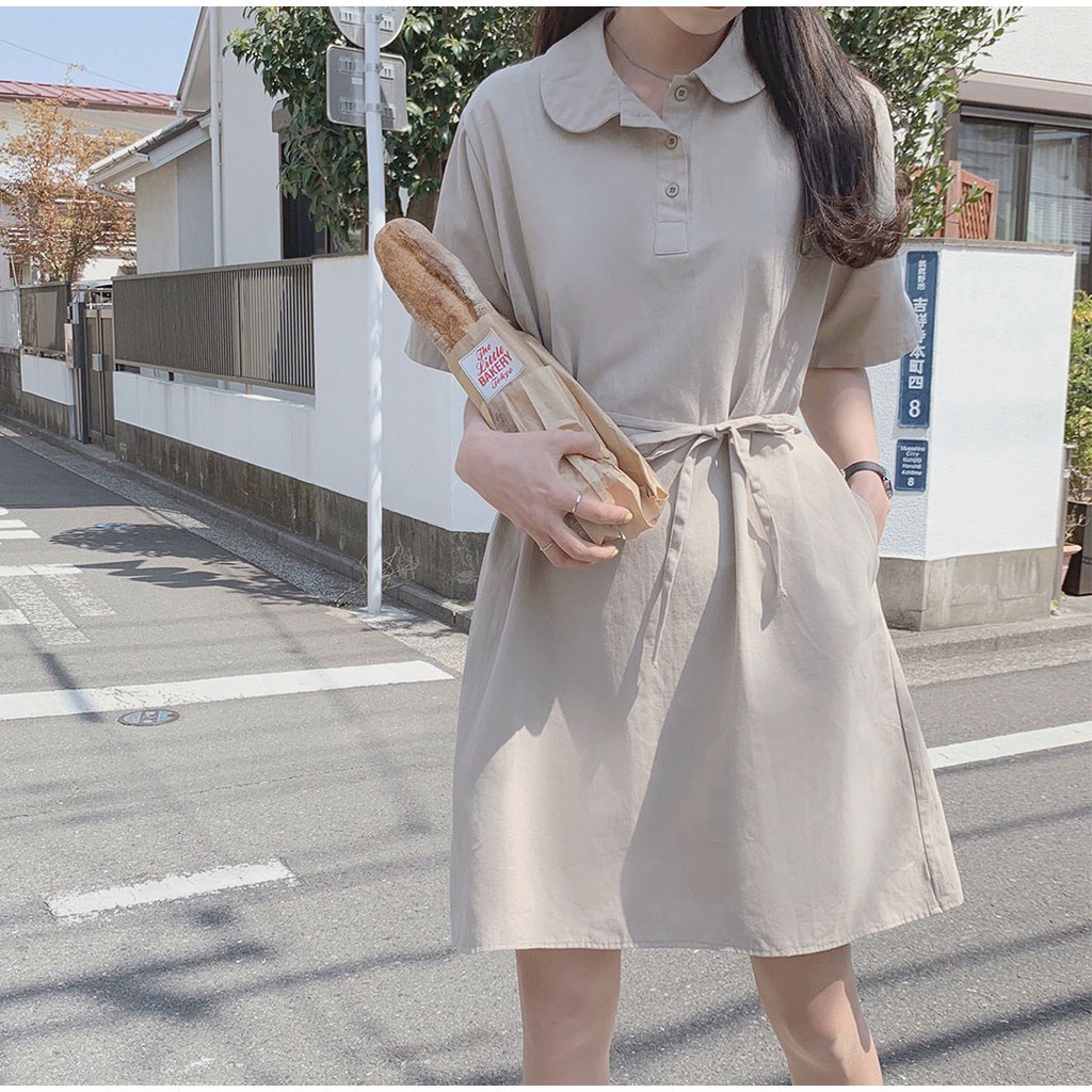 Đầm sơ mi Peppermint 28322 tay ngắn cổ polo màu trơn cao cấp