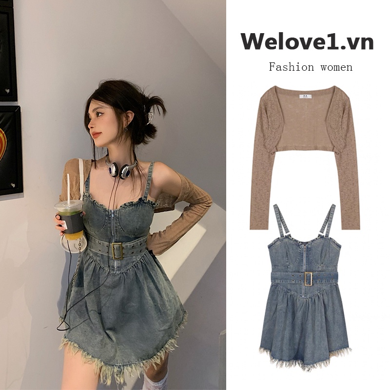 Set Áo Khoác Tay Dài Màu Xanh Dương + Váy Yếm denim Phong Cách retro Mỹ Mới
