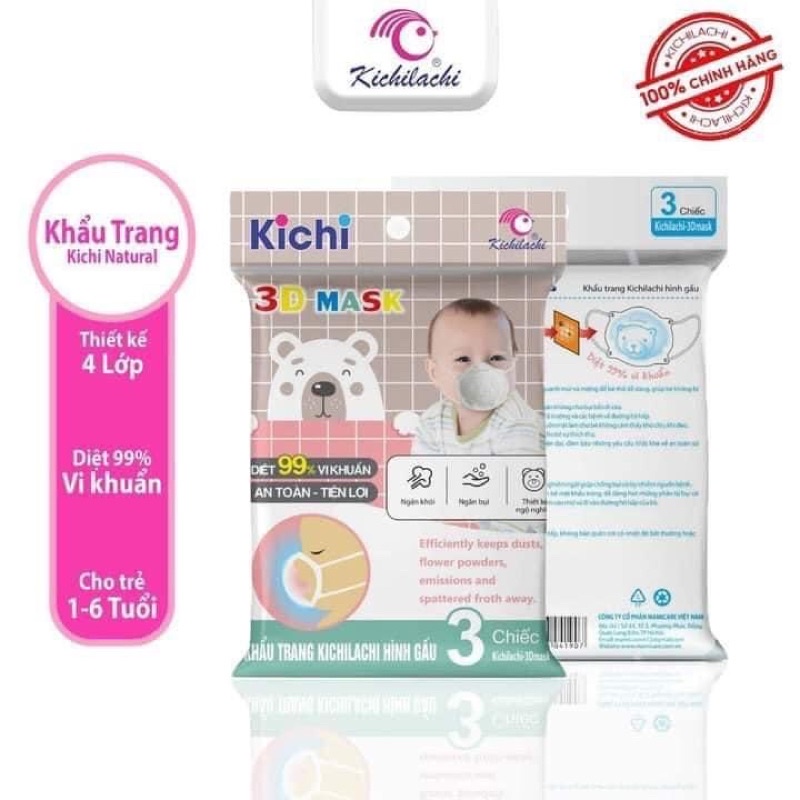 Set 3 khẩu trang gấu Kichi cho bé, có nút điều chỉnh