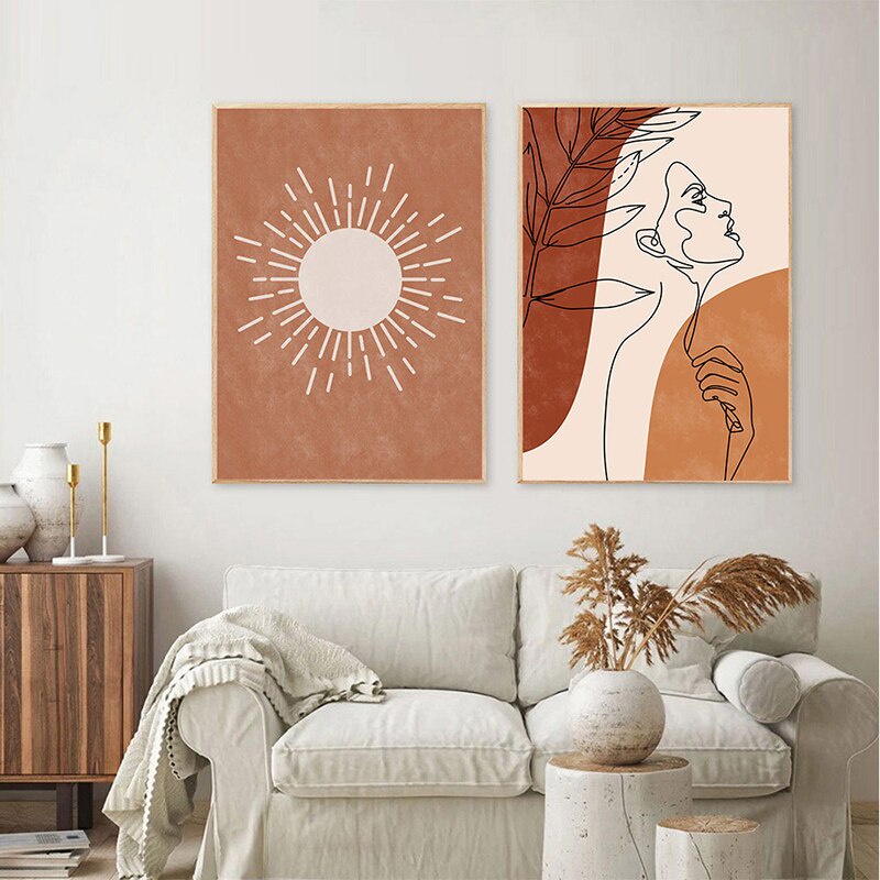 （Khung tranh gỗ rắn）Phong cách bohemian Bắc Âu trừu tượng mặt trời và mặt trăng bức tranh canvas và áp phích dòng tranh khỏa thân người phụ nữ tường nghệ thuật phòng khách