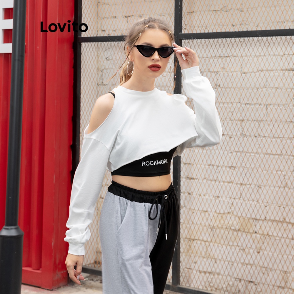 Áo sweatshirt Lovito in họa tiết chữ cái thiết kế hở vai phong cách thể thao L05637 (màu trắng)