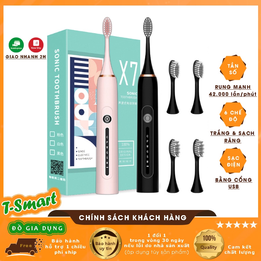 Máy Bàn Chải Đánh Răng Điện Cầm Tay 6 Chế Độ Rung Vệ Sinh Răng Miệng Hiệu Quả Tiện Dụng - Kèm 4 Đầu Bàn Chải