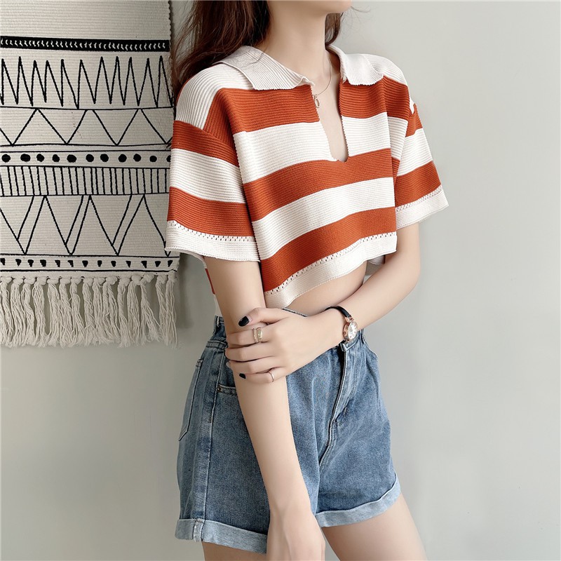 QADCOL Áo dệt kim tay ngắn cổ chữ v dáng rộng kẻ sọc ngang trẻ trung