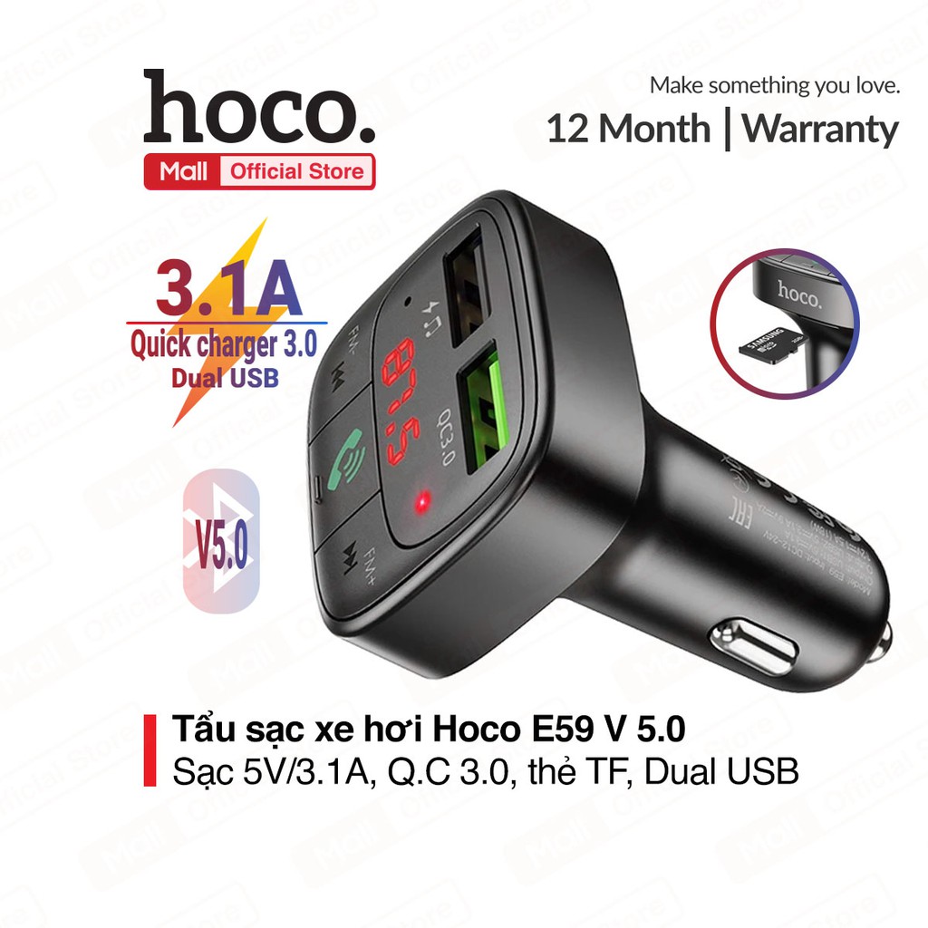 Tẩu sạc xe hơi Hoco E59 V5.0, 2 cổng USB ( 5V/3.1A + Q.C 3.0 ) khe cắm thẻ TF, hỗ trợ nghe nhạc và sạc điện thoại