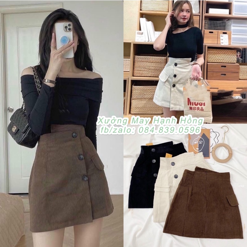 Chân váy nhung tăm vạt lệch cúc to - Xưởng May Hạnh Hồng