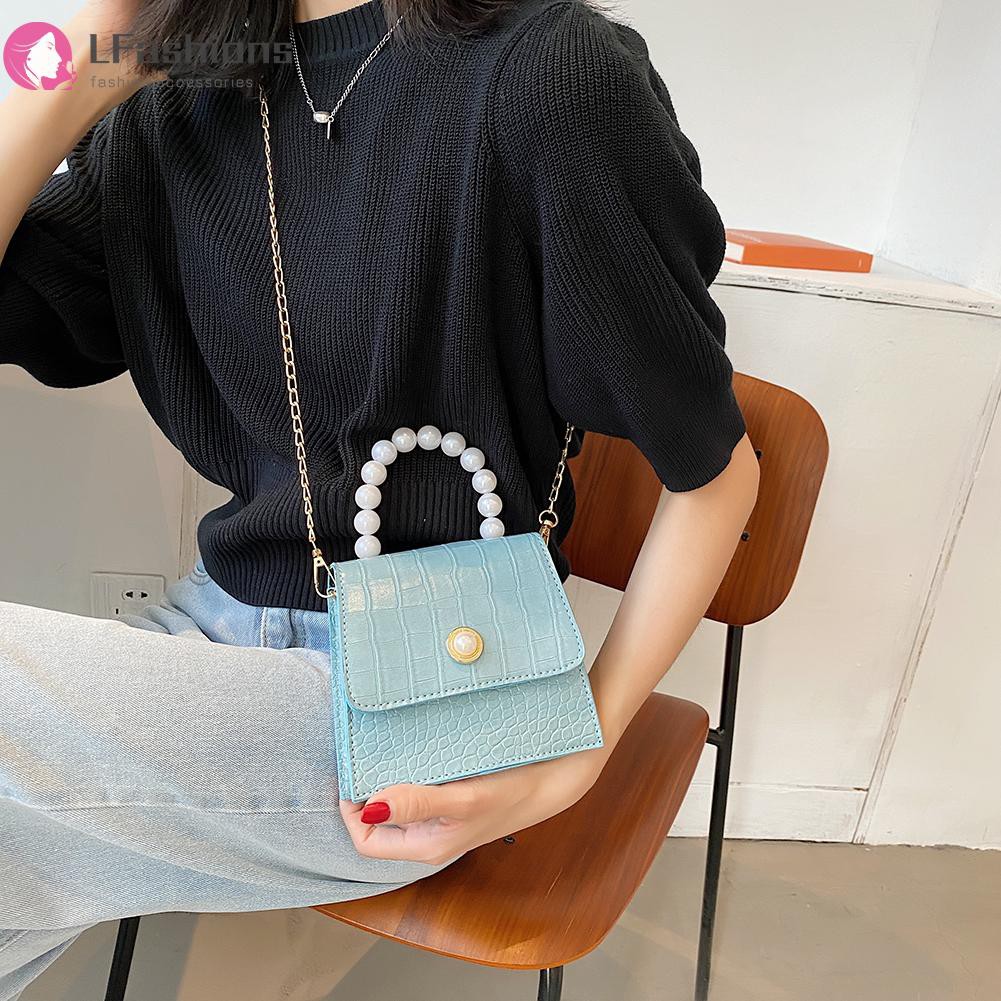 Fashion PU Alligator Pattern Crossbody Bag Women Pearl Chain Solid Color Handbag