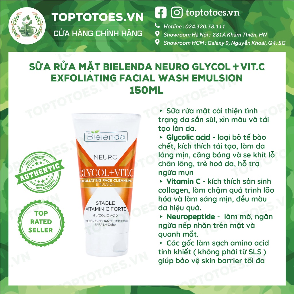 Sữa rửa mặt Bielenda Neuro Glycol + Vit.C Exfoliating Facial Wash Emulsion làm sạch và dưỡng sáng da