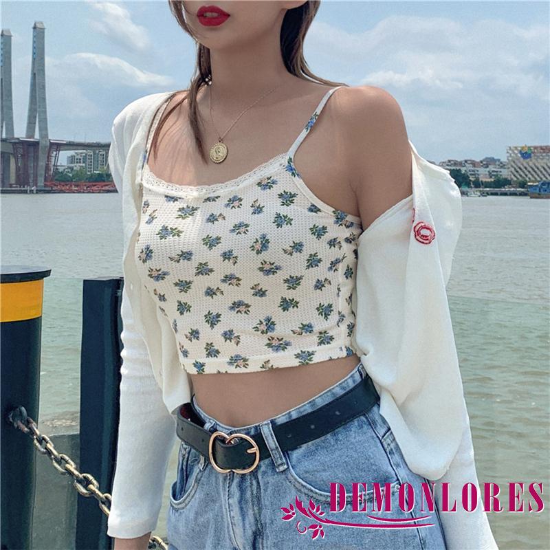 Áo croptop sát nách mềm mại thoáng khí in hoa phối ren gợi cảm cho nữ