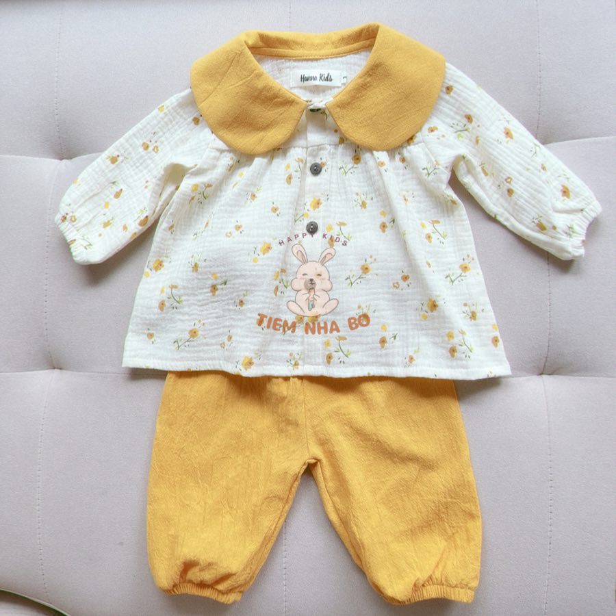 Bộ thu đông bé gái, bộ dài tay cổ sen cho bé vải xô muslin từ 5-15kg TNB