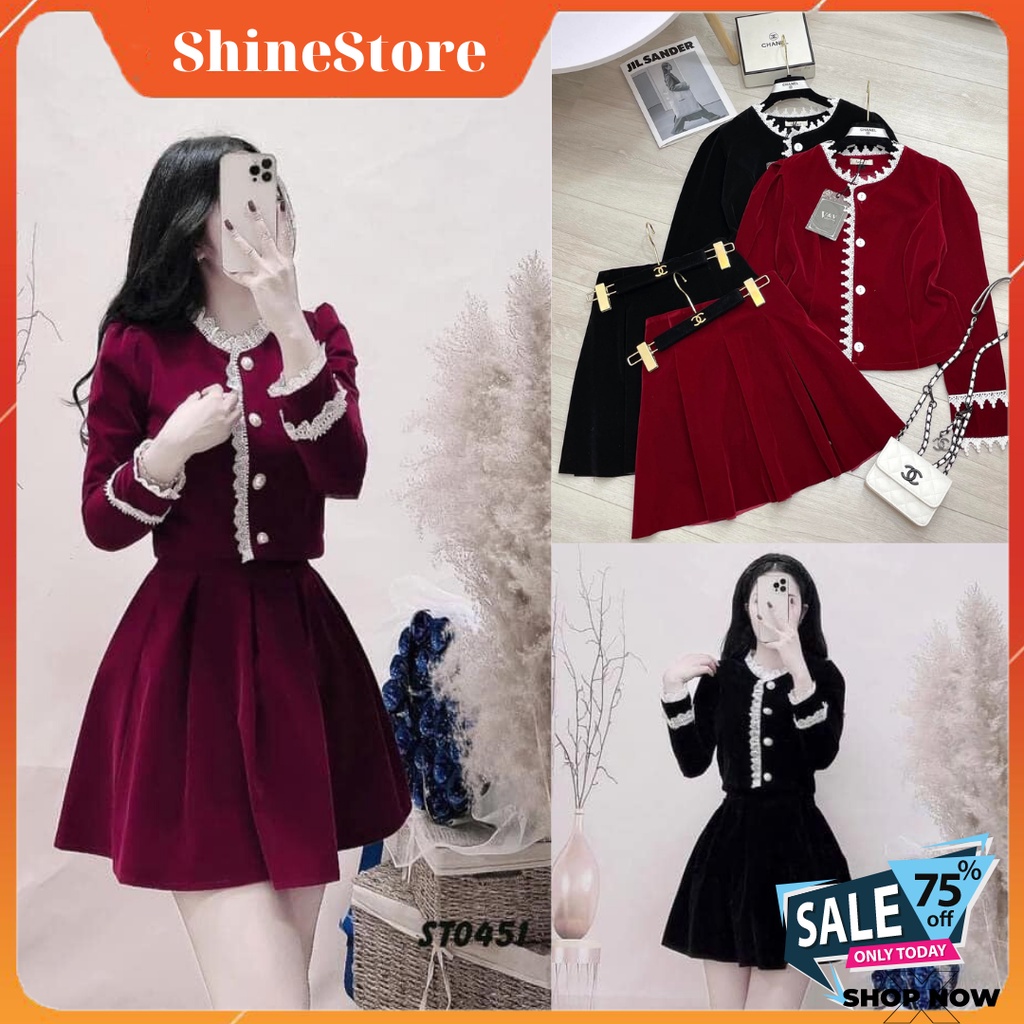Set Váy Nhung Viền Ren TK Cao Cấp Siêu Sang Chảnh
