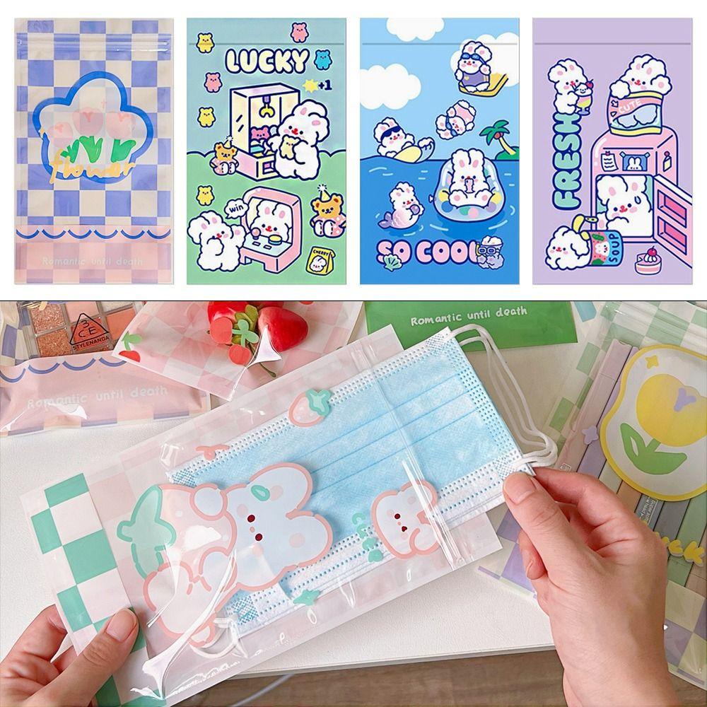 JUNE Túi Zip Nhựa Chống Thấm Nước Họa Tiết Thỏ Hoạt Hình Dễ Thương