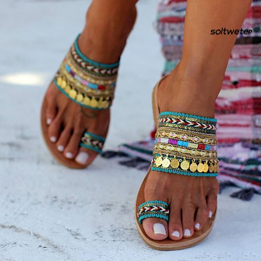 Dép sandal xỏ ngón đế bằng chống trượt phối tua rua phong cách Bohemian thời trang đi biển cho nữ