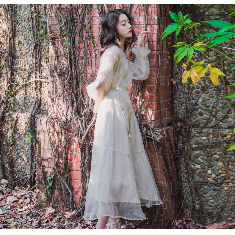 M10 - Đầm tiểu thư tay phồng dáng dài phối voan mịn cột nơ eo có Bigsize
