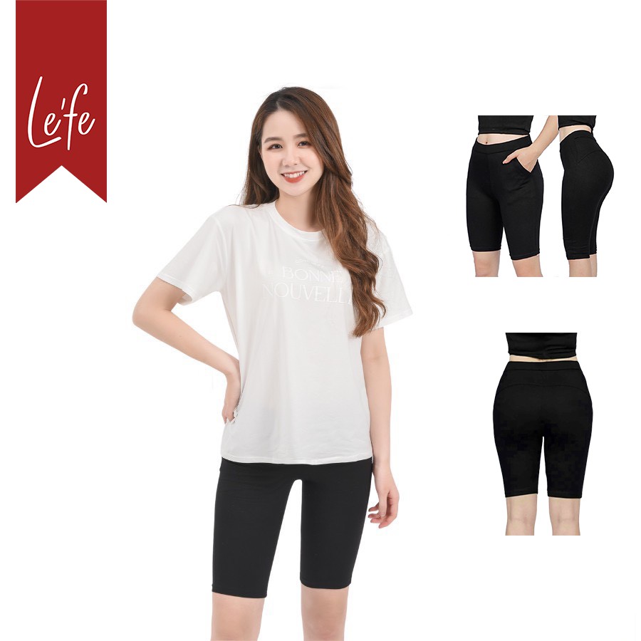 Quần legging lửng Léfe vải thun cao cấp biker nữ đùi ngố đồ mặc nhà dáng ôm bó lưng thun tập gym yoga bigsize bầu bí