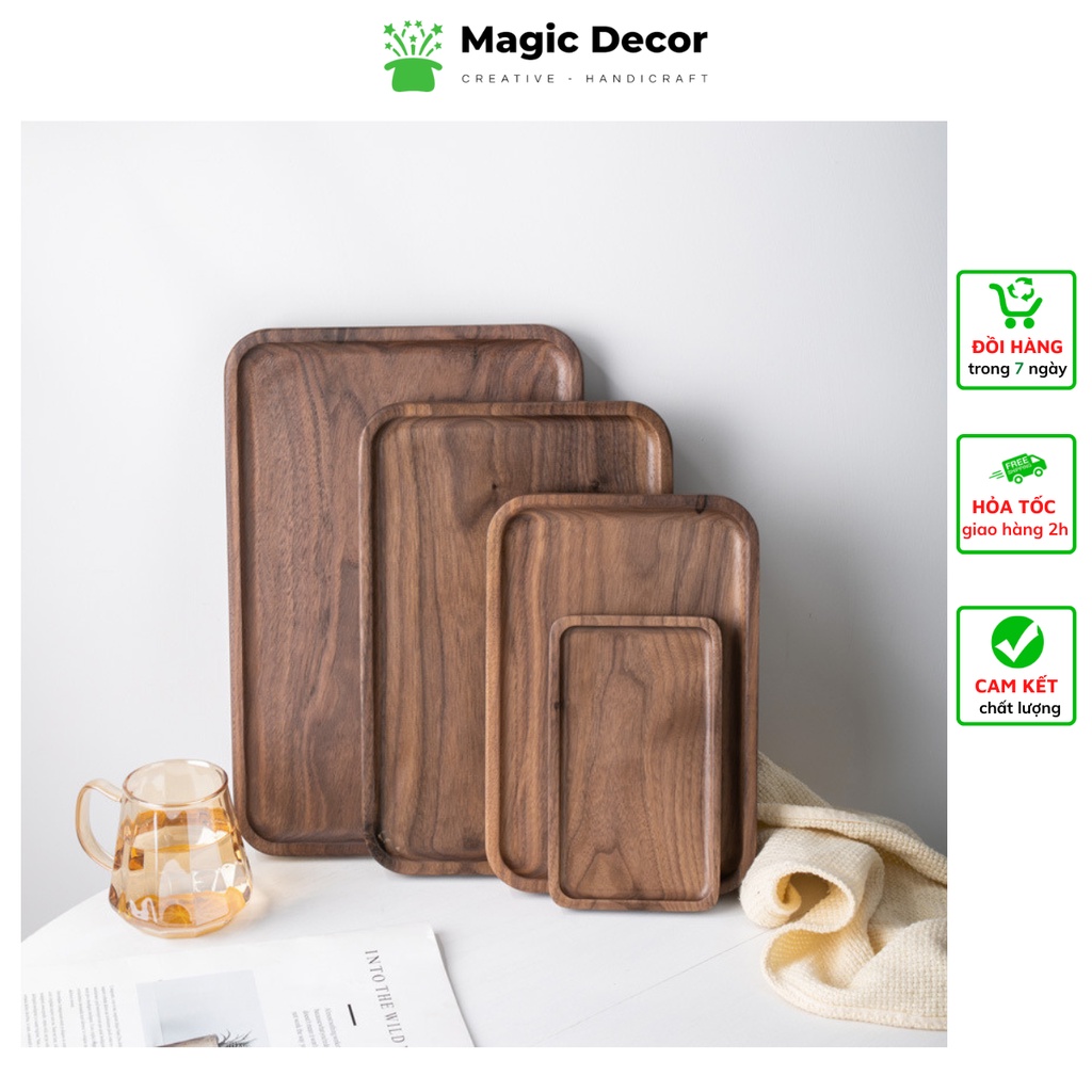 Khay gỗ decor hình chữ nhật đựng đồ ăn, trang trí gỗ óc chó cao cấp