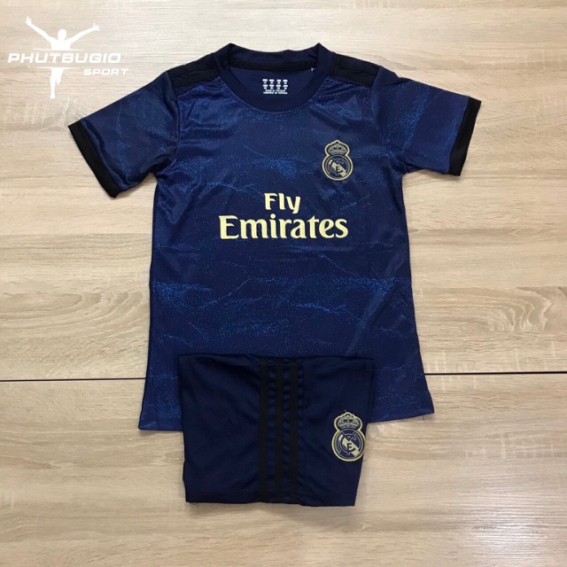 [ẢNH THẬT] Bộ quần áo đá bóng trẻ em, áo đá banh trẻ em Real màu xanh đen sân khách cao cấp mẫu mới 2019-2020  ྇