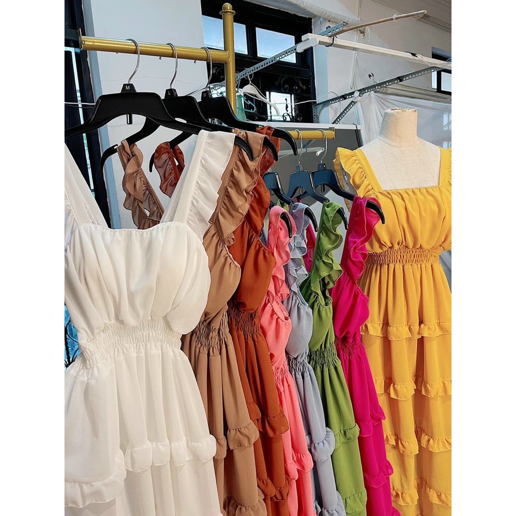 Đầm maxi vải voan tay cánh tiên có lót trong 5 tầng tiểu thư hot trend