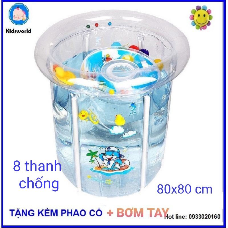 Hồ Bơi Thành Cao DR DOLPHIN 80x 80CM, Hồ Bơi Cho Bé sơ sinh 8 thanh chống - Tặng Kèm Phao Cổ, bơm tay
