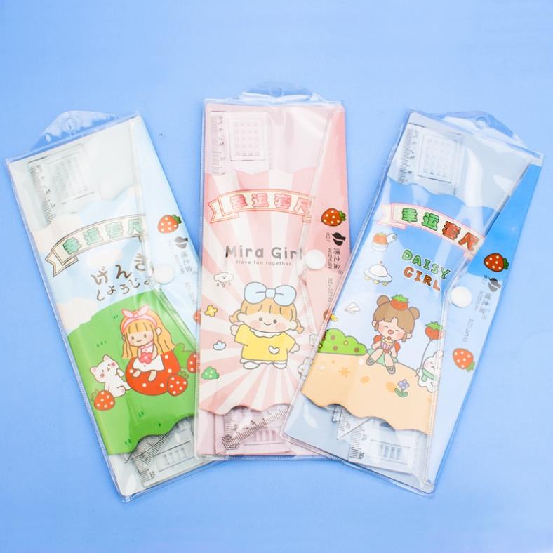 Thước kẻ cute nhựa dẻo 4 món chuẩn 1 thước 20cm 2 eke 1 đo độ để trong túi bấm dễ thương