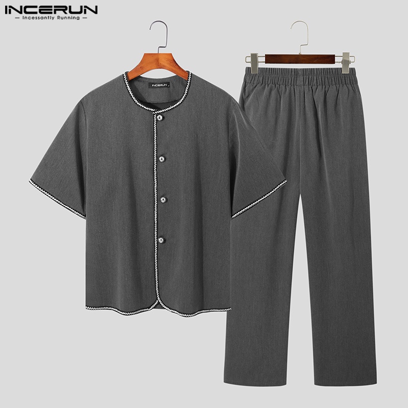Set đồ INCERUN gồm áo sơ mi ngắn tay và quần baggy dài màu trơn thời trang cho nam