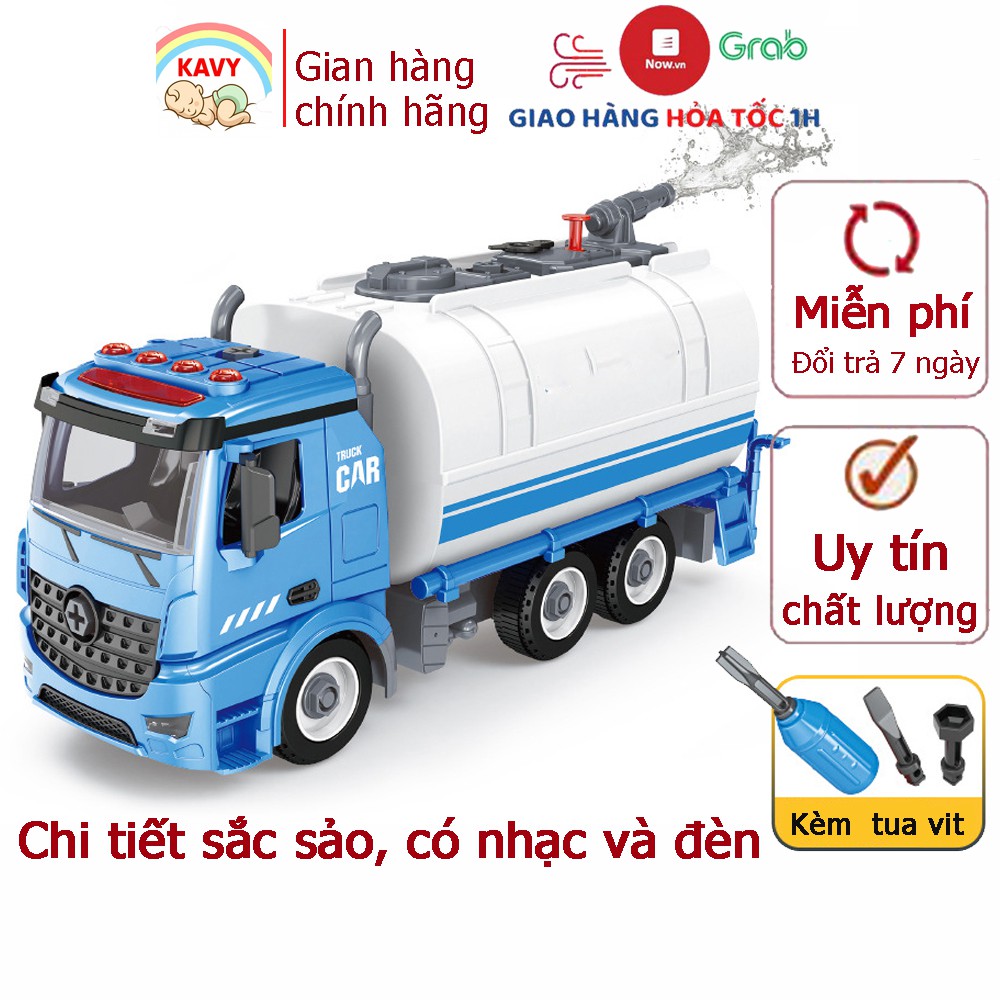 Đồ chơi lắp ghép xe bồn phun được nước có đèn và nhạc với 60 chi tiết kèm vít giúp bé phát triển trí não