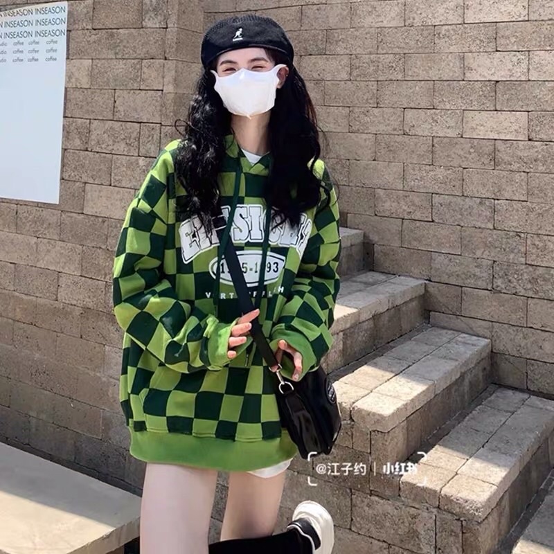 Áo hoodie tay dài form rộng kẻ caro phong cách retro