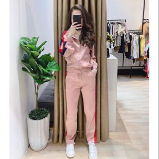 Set đồ bộ thể thao nữ kẻ viền cổ trụ màu hồng, ảnh thật sàn 100%